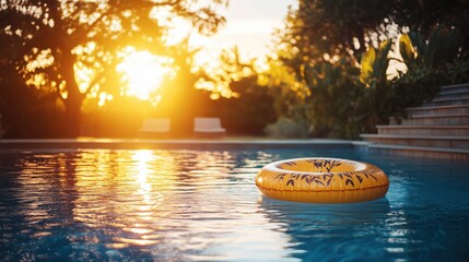 Pool Float in Tropical Sunset Poolside Setting for Summer Relaxation, summer background