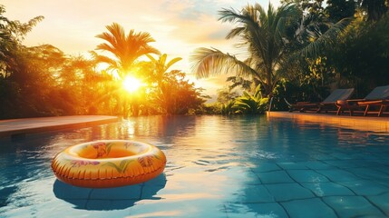 Pool Float in Tropical Sunset Poolside Setting for Summer Relaxation, summer background
