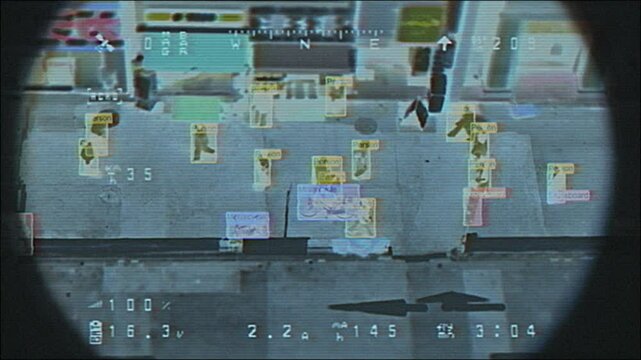 4K AI surveillance footage of sidewalk activity with bounding boxes, digital HUD elements, pixel glitch texture and CRT lens effect motion graphics overlay, screen mode, urban monitoring cybersecurity