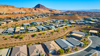 Aerial Modern Suburban Homes Desert Mountain Landscape Fly Through