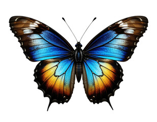 Fototapeta premium Butterfly wings blue, yellow, orange, in flight, transparent.
