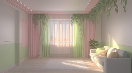Green and pink pastel-colored living room 