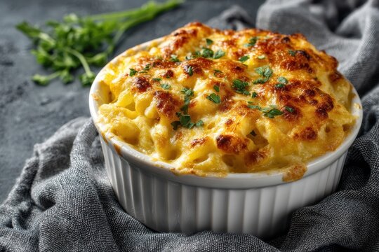 Mac and Cheese &uuml;berbacken mit goldbrauner K&auml;seschicht und frischen Kr&auml;utern cremige K&auml;senudeln im Ofen gebacken amerikanisches Soulfood K&auml;seauflauf Komfortessen Foodfotografie Nahaufnahme