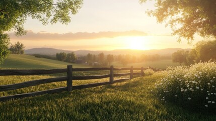 Serene Sunset Over Rolling Hills and Wooden Fence
