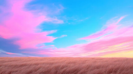 Pink And Blue Sunset Sky Over Grassy Field
