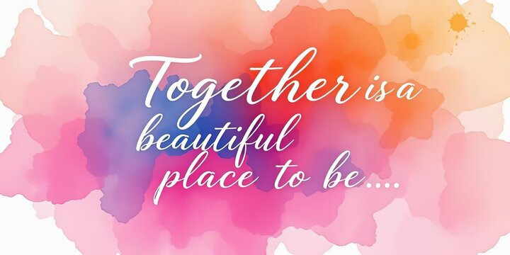 Elegant calligraphy script "Together is a beautiful place to be" on a watercolor wash background,  save the date,  typography