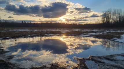 Fototapeta premium Sunset reflected in a puddle