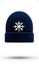 3D vector icon of a navy blue beanie with a white snowflake embroidered on it