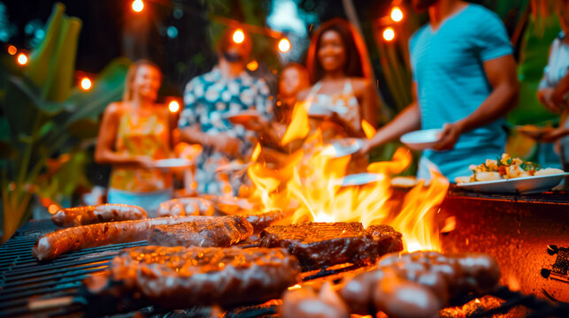 Group of people standing around bbq grill with food on it.