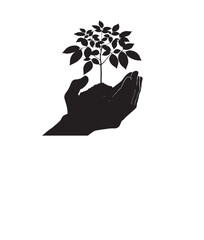 silhouette of A hand cupping a small sapling, isolated on a white background