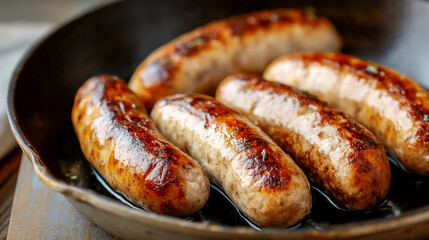 Fototapeta premium Appetizing fried Hampshire sausages in an iron cast pan. Traditional British cuisine
