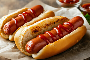 Close-up photo of two hot dogs with ketchup on the baking paper 