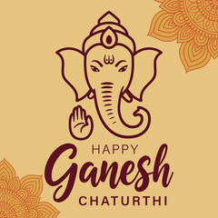 Happy Ganesh Chaturthi Vector Greeting with Ganesha Outline and Mandala Accents