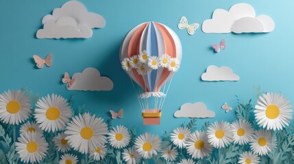 Paper hot air balloon with daisies, clouds, and butterflies on a blue sky