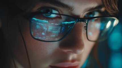 Close-up of woman with digital code reflected in glasses on dark background.