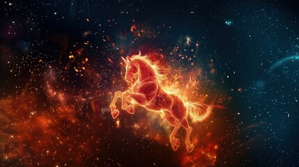 A fiery unicorn in space. A flaming unicorn rides through the starry sky. Bright fireworks in the black sky.