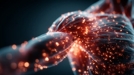 Abstract glowing muscle fibers with energy particles on dark background.