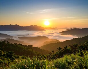 Sunrise over a sea of clouds nestled in a mountain range