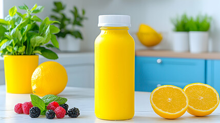 Bright Yellow Smoothie in Bottle with Lemons and Berries
