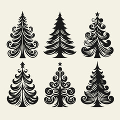 Set of elegant vintage-style black and white Christmas trees. Hand-drawn with bold lines and high contrast in classic linocut technique, perfect for retro holiday designs and decorations.