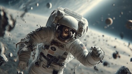 Astronaut floating in deep space among asteroids and planets in detailed suit.