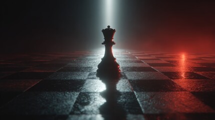Queen chess piece on dramatic board with spotlight and moody lighting effect.