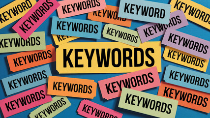 Colorful Flat Lay Keyword Collage &ndash; SEO and Digital Marketing Concept