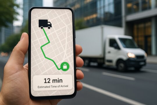 Tracking a delivery on a smartphone showing estimated arrival time and route in an urban setting
