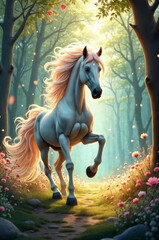 Naklejka premium White Fantasy Horse with Multicolored Mane in Enchanted Forest – AI Generated