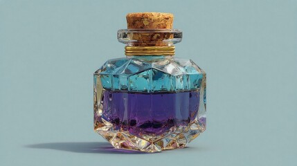 Elegant crystal potion bottle with cork stopper on pastel background.