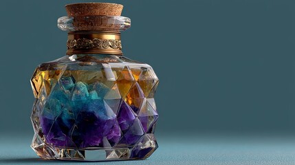 Crystal bottle filled with colorful minerals on blue background with cork top.