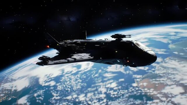 Orbital Military Shuttle in Cosmos. Weaponized ship crosses space