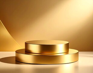 Two-tiered gold cylindrical podium, illuminated by soft light against a gold backdrop