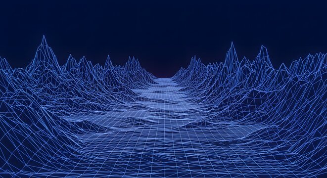 Abstract digital landscape with neon grids, glowing lines, and mountains made of wireframes