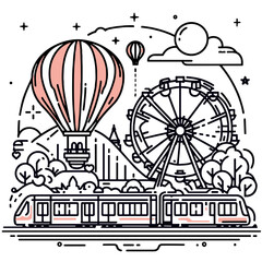 Naklejka premium Vintage train traveling past hot air balloons and a ferris wheel 