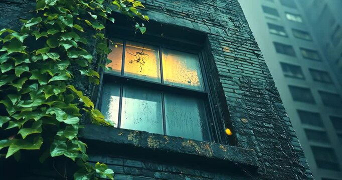 Low angle static shot of a rain-covered brick building with an illuminated window and ivy.