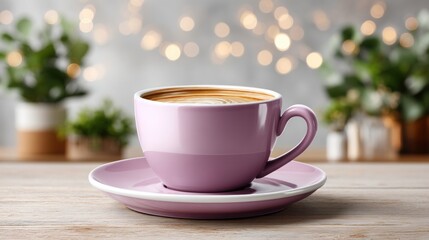 Fototapeta premium Serene Still Life with Lavender Ceramic Teacup on Wooden Table in Soft Natural Light