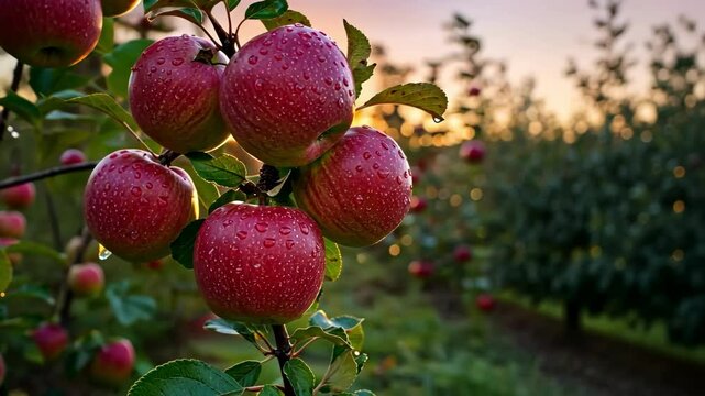 Ripe red apples on tree with sunrise background