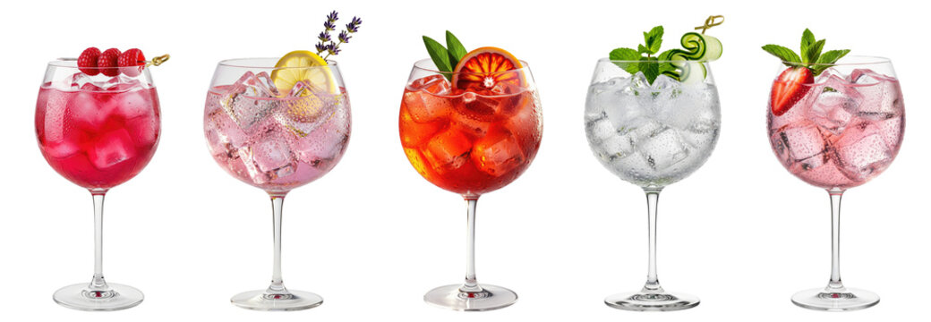 vibrant cocktails with ice cubes and garnished with fruits