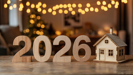 Festive New Year 2026 with Wooden Numbers and House Decor