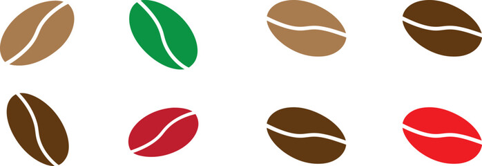Coffee Bean Icon Set – Solid, Outline, and Black Silhouette Vector