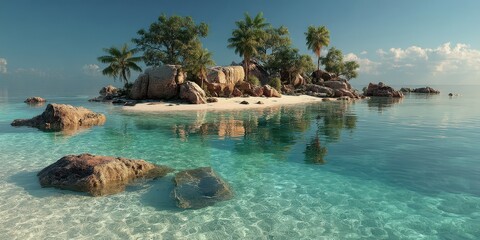 Tranquil tropical island with turquoise waters and lush palm trees under a clear blue sky
