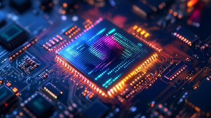 Fototapeta premium Illuminating semiconductor nano device closeup technology lab digital art high-tech environment macro viewpoint semiconductor innovation