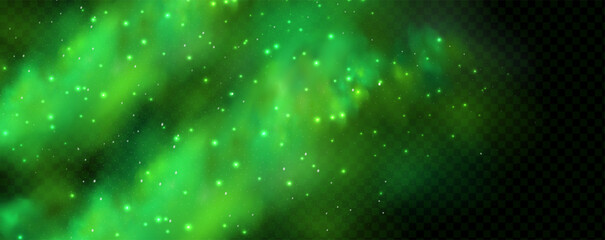 Fototapeta premium Realistic texture of mystical smoke in the background, with green fog swirling and sparkling with glowing particles, as starry neon magic dust shimmers throughout.