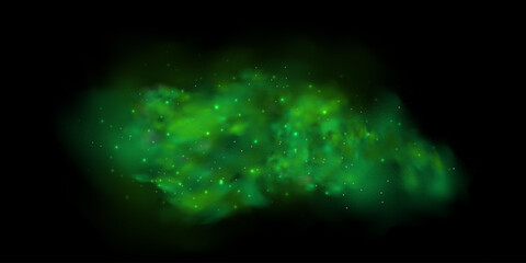 Realistic texture of mystical smoke in the background, with green fog swirling and sparkling with glowing particles, as starry neon magic dust shimmers throughout.