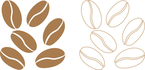 Coffee Bean Icon Set – Solid, Outline, and Black Silhouette Vector