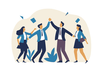 Team celebration with business people high five and happy coworkers in professional attire expressing success and partnership in flat vector style illustration