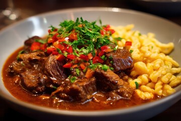 Fototapeta premium Schmorbraten mit Spätzle und Bratensoße traditionelles deutsches Fleischgericht Rinderschmorbraten auf Eierspätzle garniert mit frischen Kräutern und Paprika deftige Hausmannskost Nahaufnahme Foodfot
