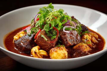 Fototapeta premium Schmorbraten mit Spätzle und Bratensoße traditionelles deutsches Fleischgericht Rinderschmorbraten auf Eierspätzle garniert mit frischen Kräutern und Paprika deftige Hausmannskost Nahaufnahme Foodfot