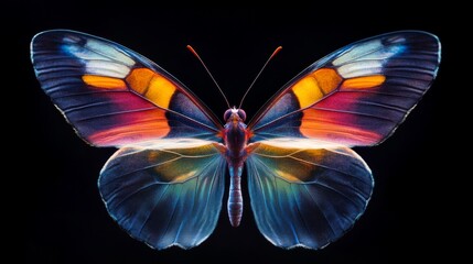 Gently fluttering colorful butterfly with translucent wings in a serene nature setting captured from a close-up perspective